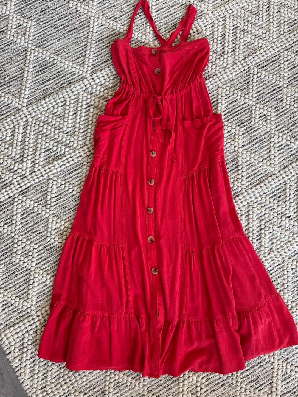 lovestitch Bright Red Tiered Button-Front Maxi Sundress